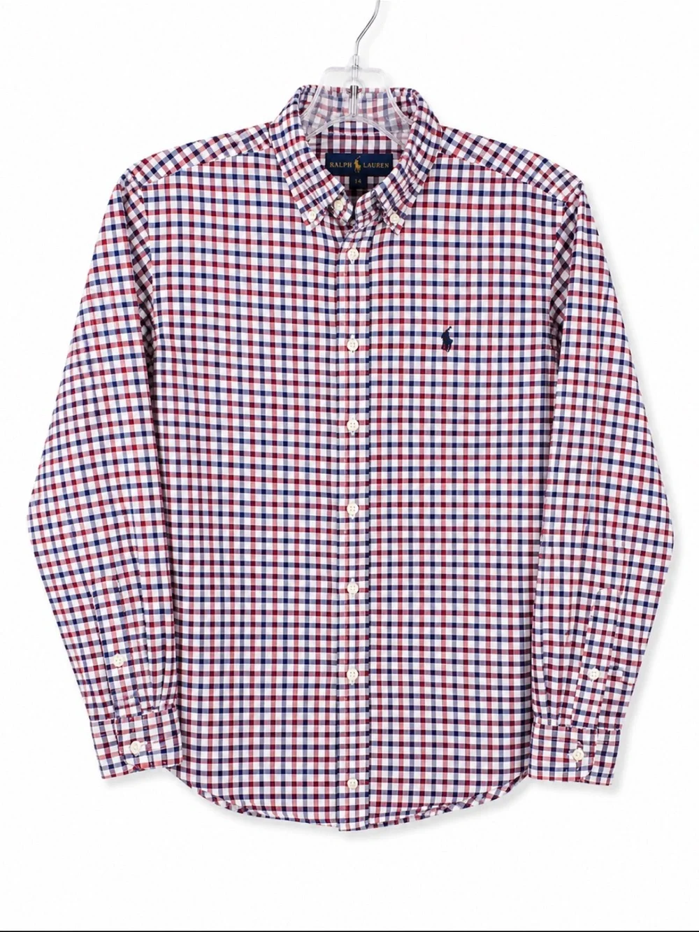 Ralph Lauren Boys Red Blue Gingham Plaid Button Down Shirt Size 14